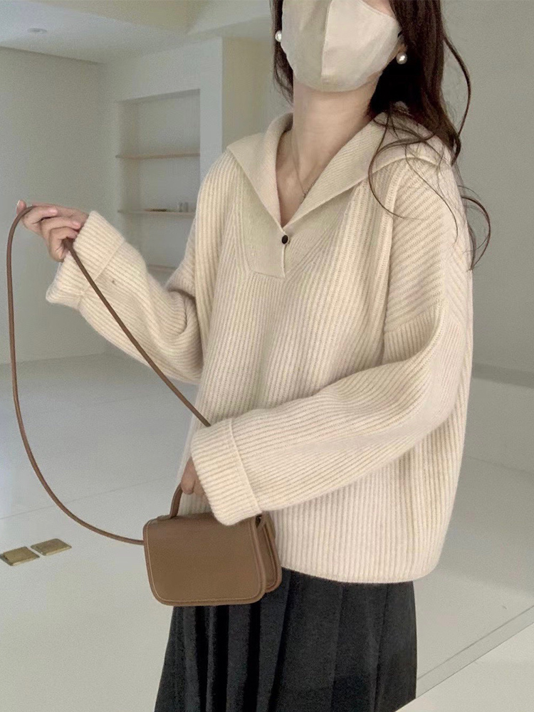 Korean style autumn and winter navy collar raccoon velvet design sweater for women lazy loose soft waxy polo lapel sweater