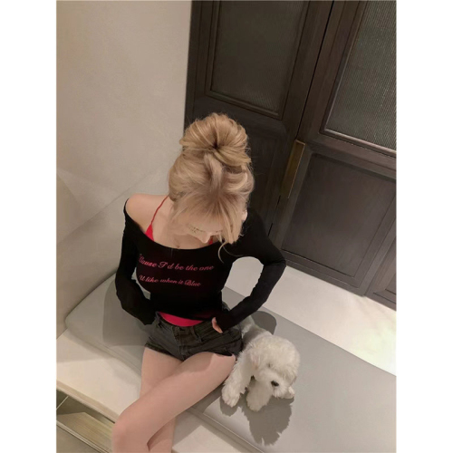 Pure Desire Hot Girl Letter Print One Shoulder Long Sleeve T-Shirt Women's Sexy Top