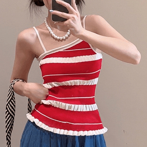 2024 Irregular striped Thai style small camisole women's summer outer wear inner design slim hot girl top