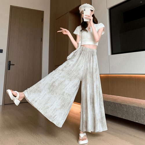 Temperament tie-dyed ice silk culottes for women in summer thin 2024 new high-waist slim drape loose casual wide-leg culottes