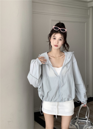 Actual shot of new style drawstring jacket work jacket women's casual loose thin outdoor hooded sun protection jacket