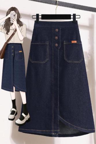 Real shot of summer Korean style large size elastic waist elastic denim mid-length skirt for fat girls slimming summer skirt