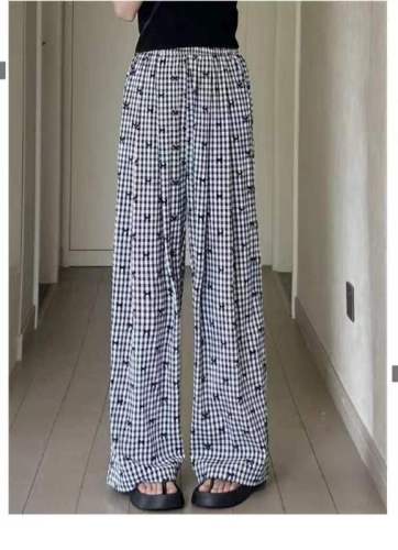 2024 Summer Plaid Casual Pants Women's Thin Versatile Elastic Waist Loose Wide Leg Floor-Mopping Pants