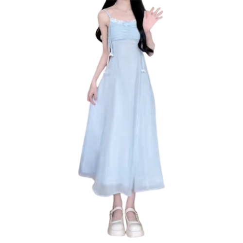 2024 new high-end French blue suspender dress women's summer temperament waistless sleeveless a-line long skirt