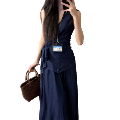 2024 new French style v-neck sleeveless vest dress for women summer high-end waist strapped long skirt