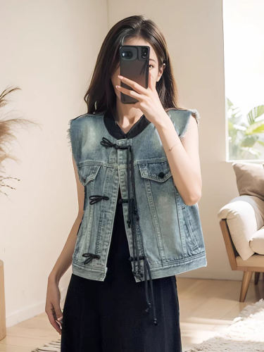 New Chinese style denim vest jacket for women 2024 spring and autumn new style small outer vest short national style top