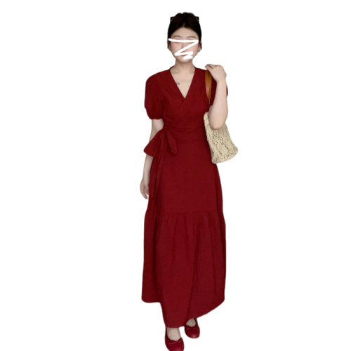 Small French red dress for women 2024 new summer high-end waist slimming long skirt