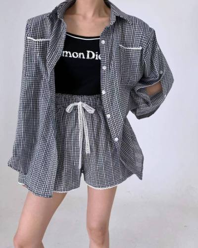 Korean exquisite plaid fashion shirt + casual shorts set