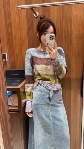 Colorful striped hollow knitted women's 2024 autumn design niche lazy style versatile long-sleeved top