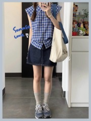 Korean style sweet plaid ruffled shirt vest for women summer new style gentle pure desire slimming outer shirt top