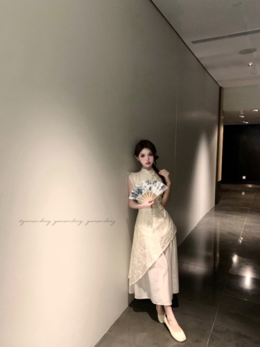 Actual shot of the new Chinese-style national style dress, slim and slim, mid-length, sweet, waist-cinching and elegant long dress