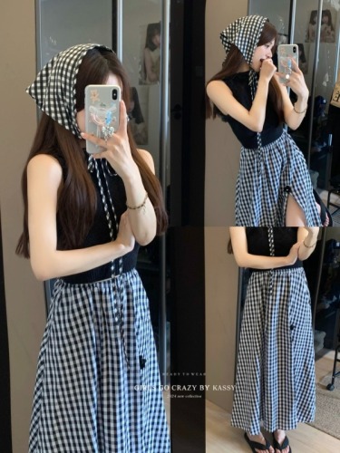 Real shot ~ Retro elastic waist plaid skirt 2024 summer new high waist slit long A-line skirt