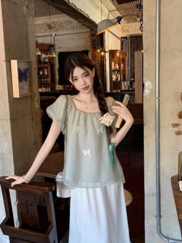 Gentle little butterfly square neck top summer two-wear one-shoulder temperament breathable literary shirt