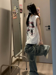 Pure cotton white sleeveless vest for women summer new t-shirt American retro casual sports loose waistcoat top for women