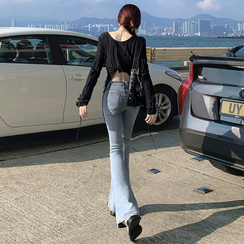 实拍24th ootd!美式辣妹小众设计不规则斜腰带显瘦微喇弹力牛仔裤