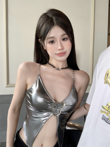 Real shot of sweet hot girl with real price, slim fit and midriff-baring top with design, worn outside and with suspenders inside