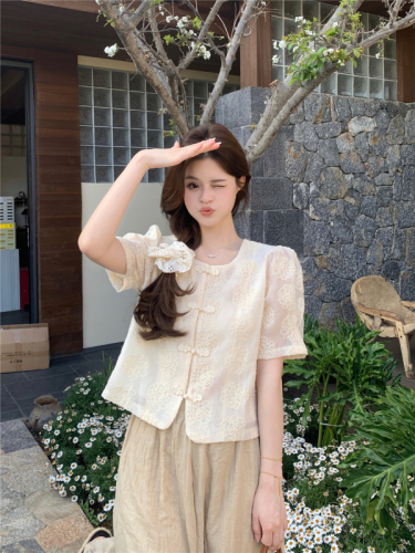 Actual shot of new Chinese style suit for women, national style embroidered button-down shirt, summer loose wide-leg casual pants two-piece set