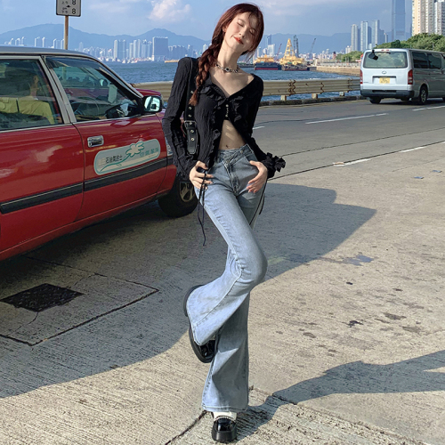 实拍24th ootd!美式辣妹小众设计不规则斜腰带显瘦微喇弹力牛仔裤