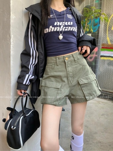 Actual shot ~ American retro niche design multi-pocket hip overalls for women, casual mid-waist shorts