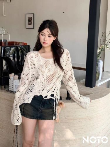 Hollow sun protection shirt, lazy style braided fringed lace T-shirt, long-sleeved top for women, new spring style