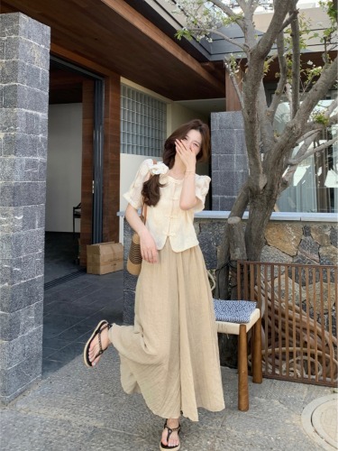 Actual shot of new Chinese style suit for women, national style embroidered button-down shirt, summer loose wide-leg casual pants two-piece set