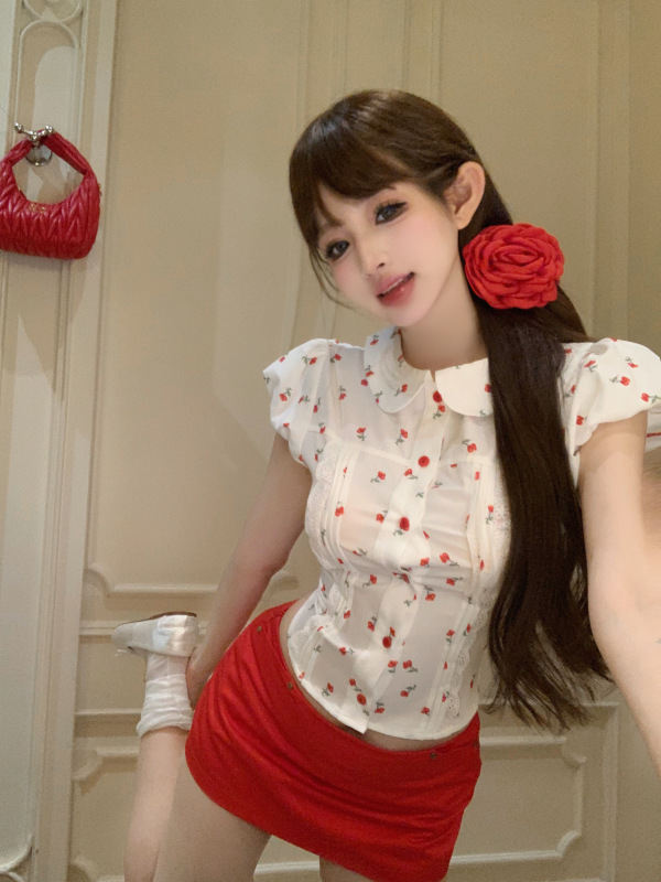 Real shot, real price, Korean retro sweet cherry print puff sleeve shirt + pure red skirt suit