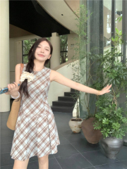Actual shot and real price~Coffee blue plaid dress for women in summer slimming short skirt waist A-line vest dress