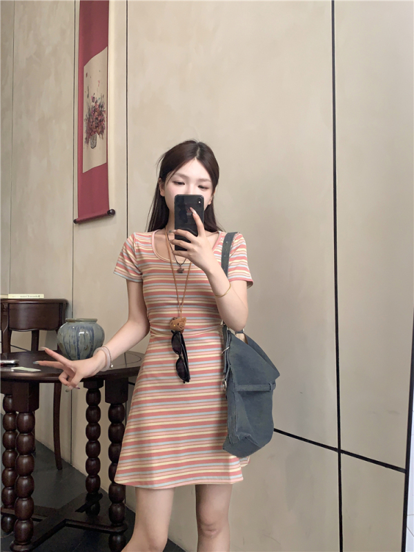 Short skirt version rainbow skirt slimming temperament striped color dress women's long and short style