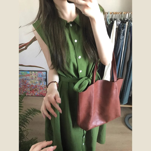 Original method French green lapel sleeveless dress for women summer retro temperament single-breasted long dress