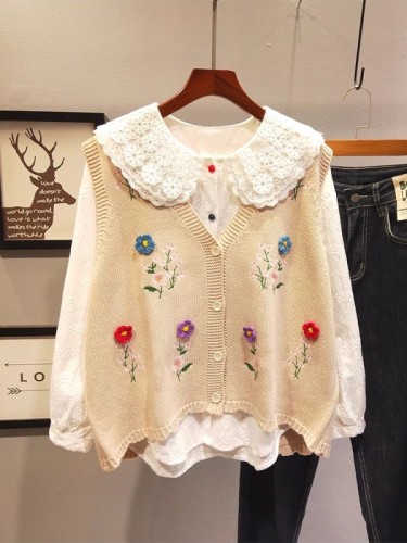 Three-dimensional embroidered forest style retro flower knitted vest for women's autumn clothing with sweet design and large size outer layering vest