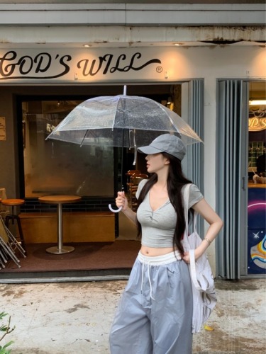 Actual shot of buttoned slim fit top + contrasting color elastic waist, versatile slimming quick-drying straight overalls