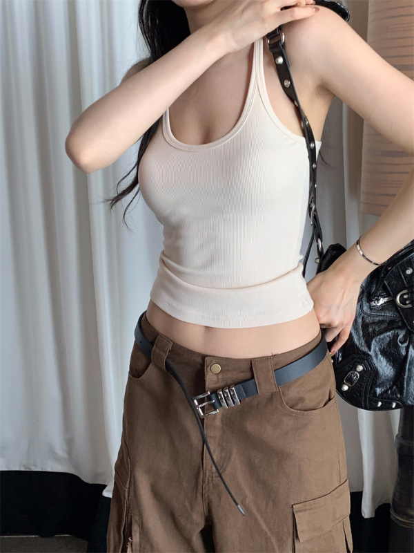Real shot of low round neck white cotton threaded vest suspender for women to wear inside and outside, slim fit and stretchable to wear outside