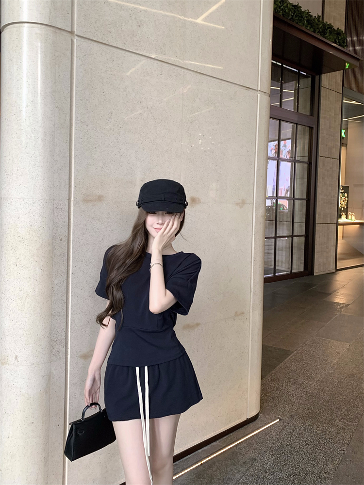 實拍 慵懶遛彎套裝收腰分割線T恤短袖＋鬆緊抽繩裙褲短褲女夏