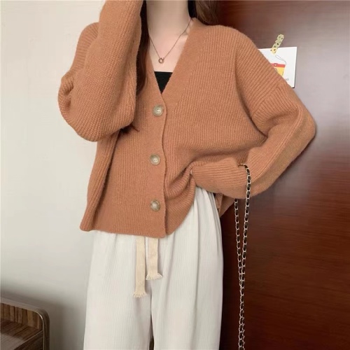 Korean style autumn and winter gentle style V-neck sweater versatile warm loose knitted long-sleeved cardigan jacket for women