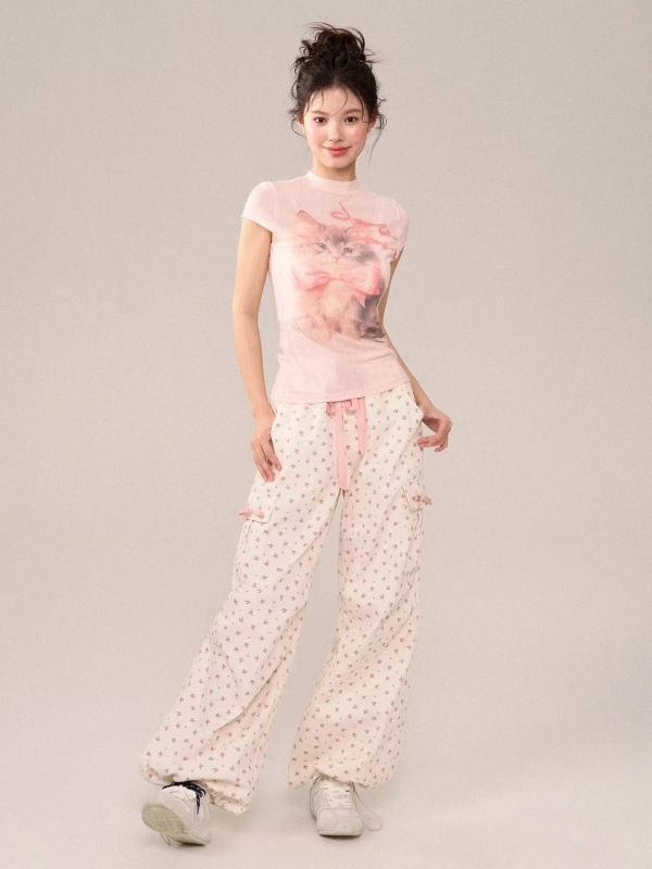 Sweet and Spicy Cartoon Kitten Print Round Neck Right Shoulder Waist Short Sleeve T-shirt Female Pure Desire Hot Girl Slim Fit Top Trendy
