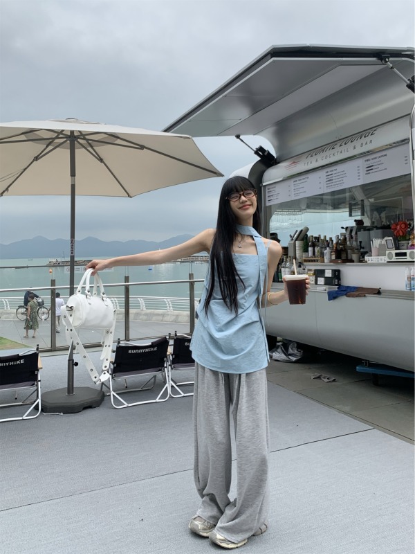 Actual shot~Korean solid color backless camisole + gray wide-leg casual trousers two-piece set