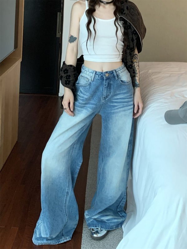 Actual shot, real price, ready stock, light blue loose wide-leg floor mopping trousers, denim trousers