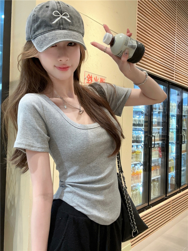 Basic solid color right shoulder short-sleeved T-shirt for women sweet and spicy U-neck waist slimming short top