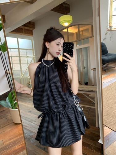 Real shot and real price striped halter dress fashion suit skirt women's summer sleeveless shirt bud shorts two-piece set