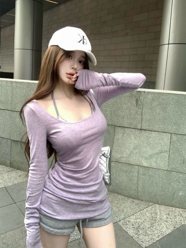 Korean Purple Slim Round Neck Long Sleeve Right Shoulder T-Shirt Women's Slim Bottoming Shirt