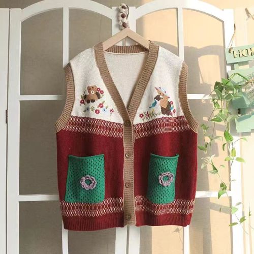 Hand-embroidered vintage artistic vest single-breasted V-neck Japanese loose top versatile three-dimensional floral waistcoat for women