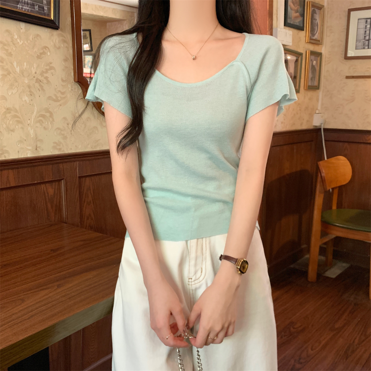 Actual shot of summer Korean style raglan thin and light 6 wool versatile sweater short-sleeved top