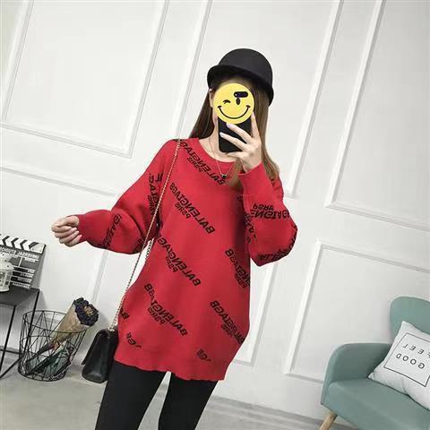 Autumn and winter new style Yang Mi star's same LOGO letter printed sweater loose round neck mid-length sweater