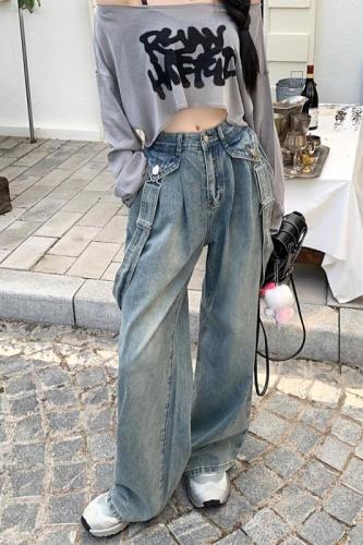 Real shot of suspender two-wear jeans 2024 autumn new high-waisted loose straight design trousers