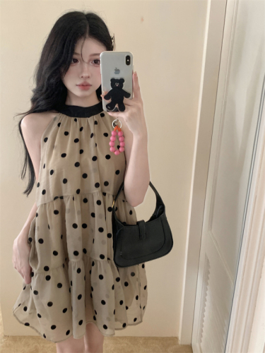 Polka-dot flocking dress with western style, slim and loose halter neck dress for small people