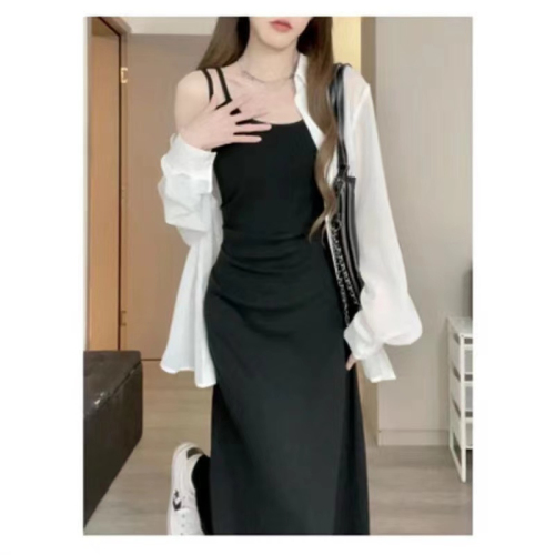 Summer new Korean sweet and spicy style suspender dress, waist slimming skirt, dopamine shirt two-piece set