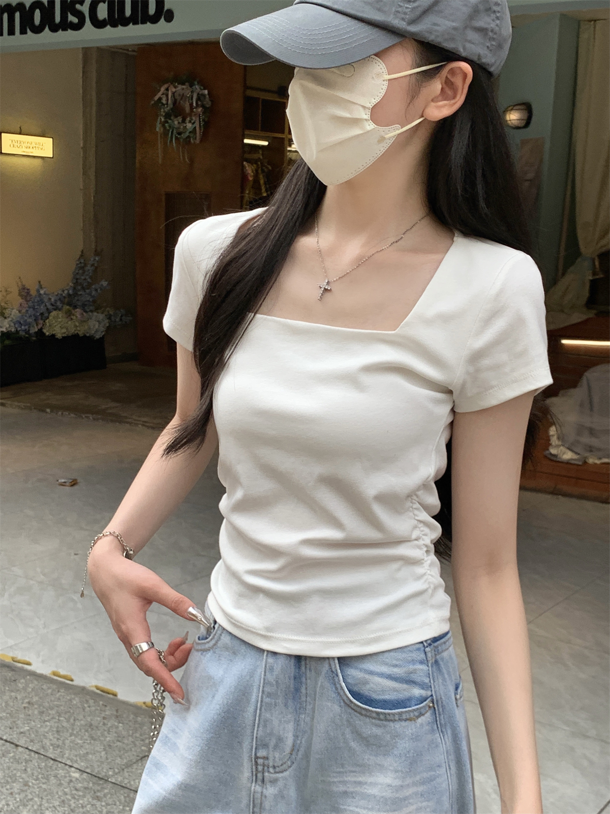 Actual shot of summer Korean style double-layer square collar slim-fitting pleated slim design pure cotton short-sleeved T-shirt top