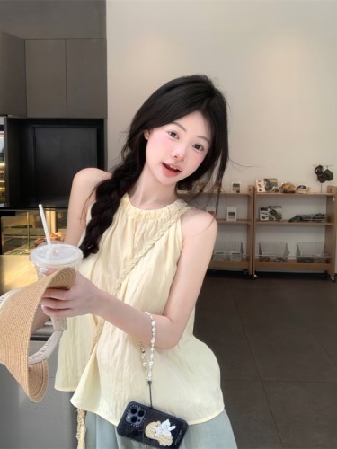 New light yellow halter neck sleeveless vest top for women