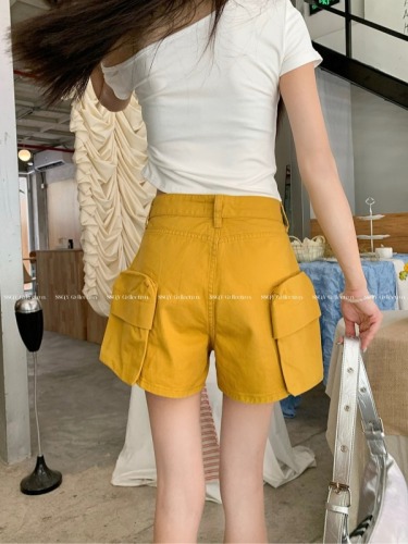 Actual shot ~ American retro niche design multi-pocket hip overalls for women, casual mid-waist shorts