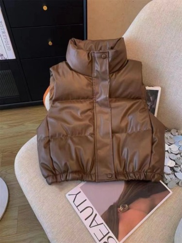 Autumn and winter new PU leather simple down cotton vest 2024 winter new style foreign style student small stand-up collar solid color jacket